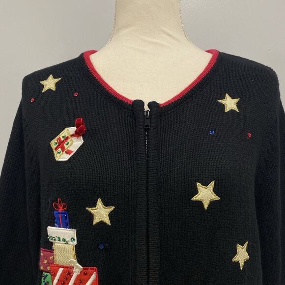 VTG Tiara Int'l M Black Ugly Christmas Sweater Zipper Cardigan Santa Embroidered - Picture 2 of 16